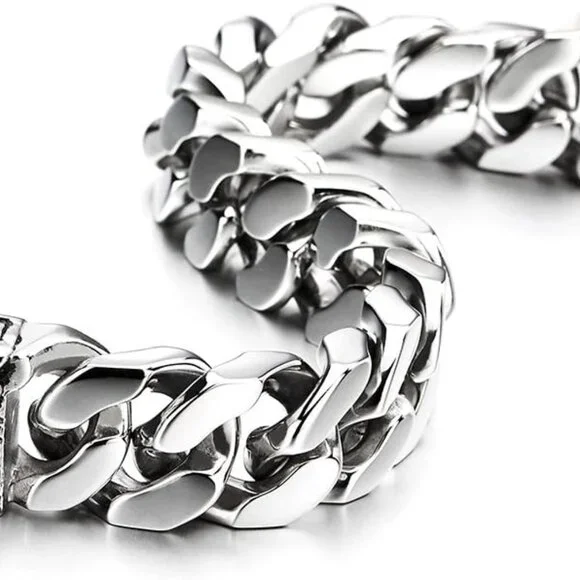 Mens Large Vintage Brushed Finishing Steel Curb Chain Bracelet with Fleur De Lis